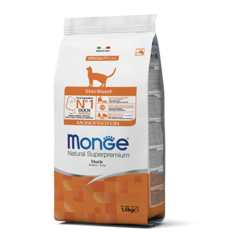 Сухой корм Monge Cat Sterilized для взрослых стерилизованных кошек с уткой - 1,5 кг повседневный супер премиум монобелковый для взрослых с уткой мешок Италия 1 уп. х 1 шт. х 1.5 кг 70011952 - фото 1