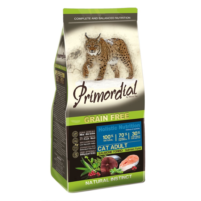 Сухой беззерновой корм Primordial для взрослых кошек с лососем и тунцом сухой беззерновой корм primordial для взрослых собак с курицей и лососем