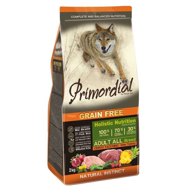 Сухой беззерновой корм Primordial для взрослых собак с олениной и индейкой - 2 кг сухой беззерновой корм primordial для котят с уткой и индейкой