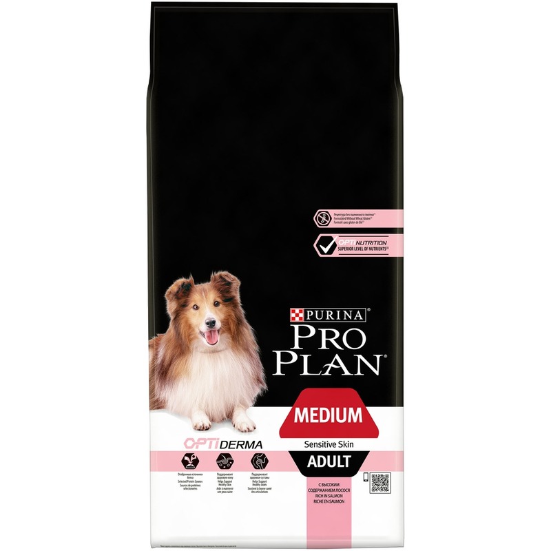 Pro Plan OptiDerma сухой корм для собак средних пород, при чувствительной коже, с лососем цена и фото