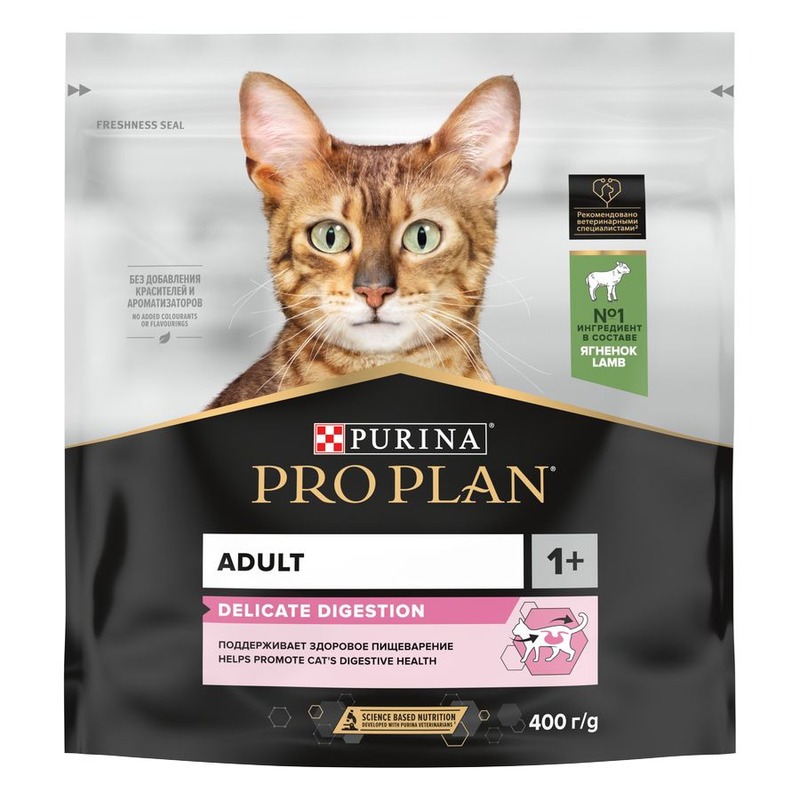 Purina Pro Plan Delicate сухой корм для кошек с чувствительным пищеварением и привередливых к еде с ягненком - 400 г повседневный супер премиум для взрослых с ягненком для всех пород мешок Россия 1 уп. х 1 шт. х 0.4 кг