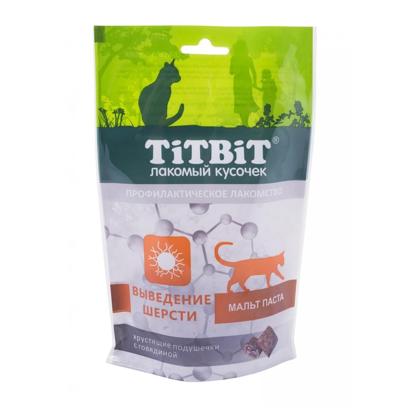 TiTBiT Хрустящие подушечки для кошек с говядиной для выведения шерсти - 60 г titbit хрустящие подушечки для кошек с мясом утки для чистки зубов 60 г