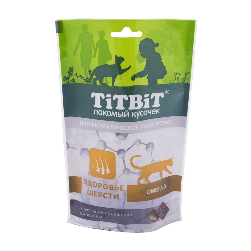 TiTBiT Хрустящие подушечки для кошек с лососем для здоровья шерсти - 60 г 40446