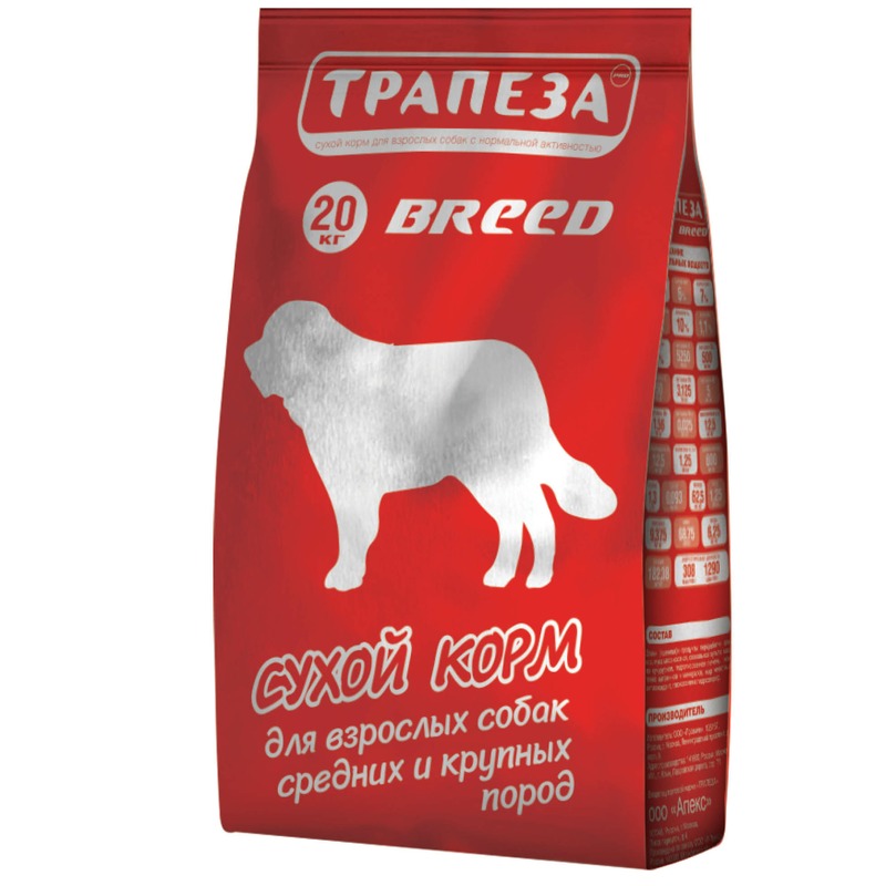 Трапеза Breed сухой корм для собак средних и крупных пород, с говядиной - 20 кг трапеза корм трапеза макси мясное ассорти для взрослых собак крупных пород 10 кг