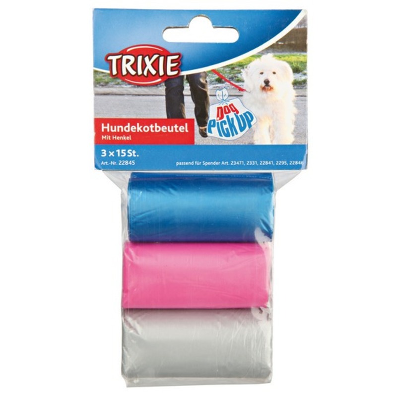 Trixie Пакеты для уборки за собаками, 3 л, 3 рулона по 15 шт., цветные, для всех диспенсеров пакеты для уборки за собаками trixie 4 рулона по 20шт 3л цветные для всех диспенсеров
