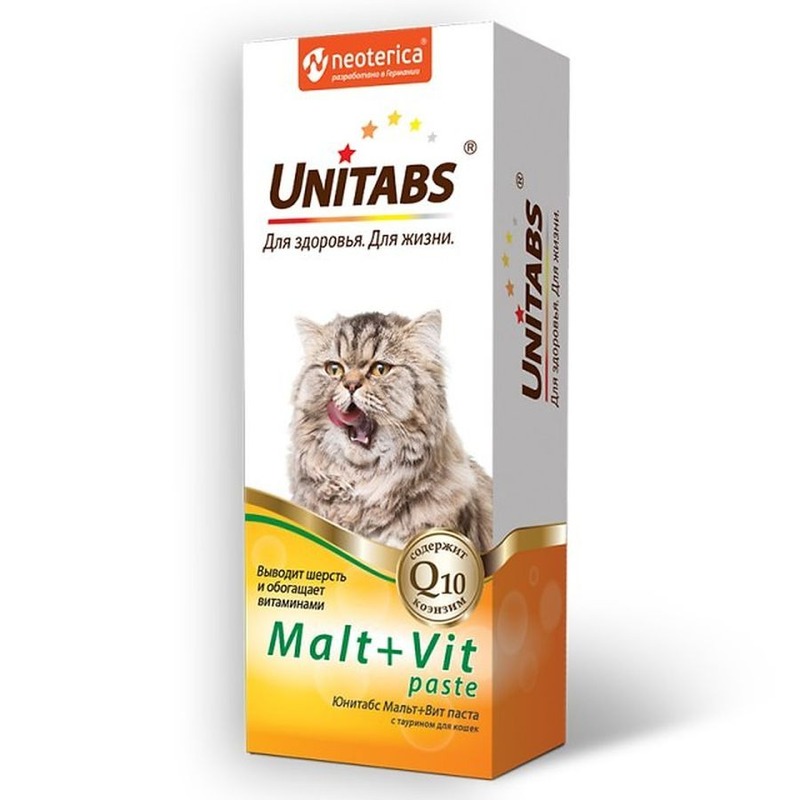Unitabs Malt+Vit витаминная паста для вывода шерсти для кошек - 120 мл повседневный для всех возрастов для всех пород Россия 1 уп. х 1 шт. х 0.15 кг, размер Для всех пород