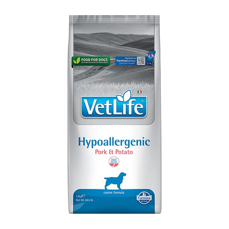 цена Vet Life Dog Hypoallergenic Pork & Potato полнорационный сухой корм для собак для снижения пищевой аллергии и/или непереносимости, диетический, со свининой и картофелем - 12 кг