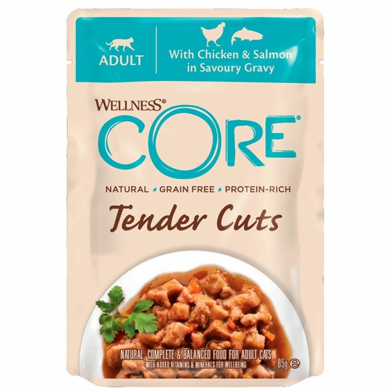 Сore Tender Cuts влажный корм для кошек, из курицы с лососем, кусочки в соусе, в паучах - 85 г core plugin