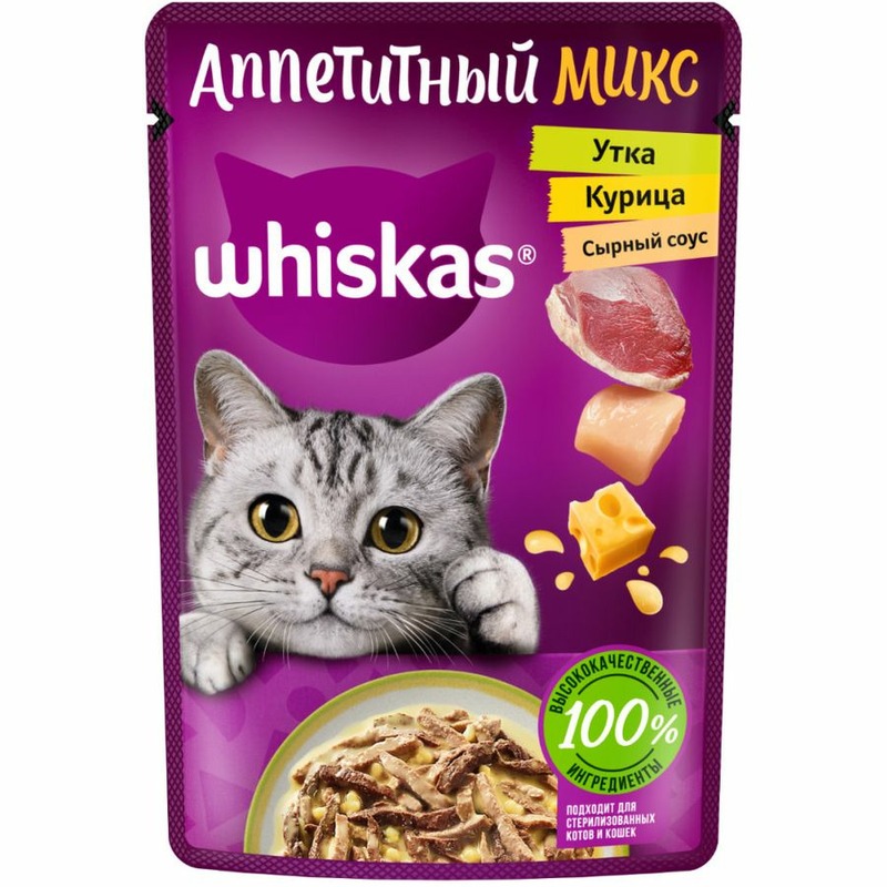 Whiskas Аппетитный микс полнорационный влажный корм для кошек, с курицей и уткой, кусочки в сырном соусе, в паучах - 75 г