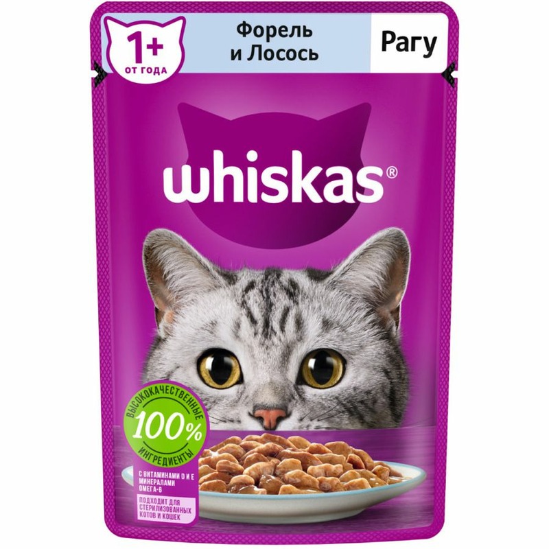 Whiskas полнорационный влажный корм для кошек, рагу с форелью и лососем, кусочки в соусе, в паучах - 75 г