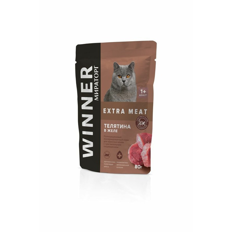 цена Мираторг Extra Meat полнорационный влажный корм для кошек с чувствительным пищеварением, с телятиной, кусочки в желе, в паучах - 80 г