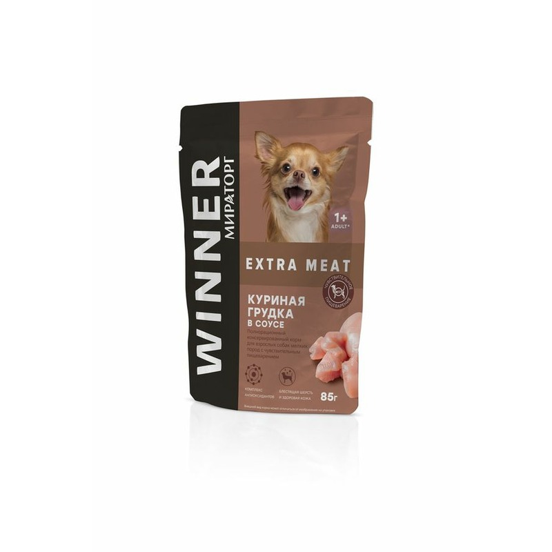 цена Мираторг Extra Meat полнорационный влажный корм для собак мелких пород с чувствительным пищеварением, с куриной грудкой, кусочки в соусе, в паучах - 85 г