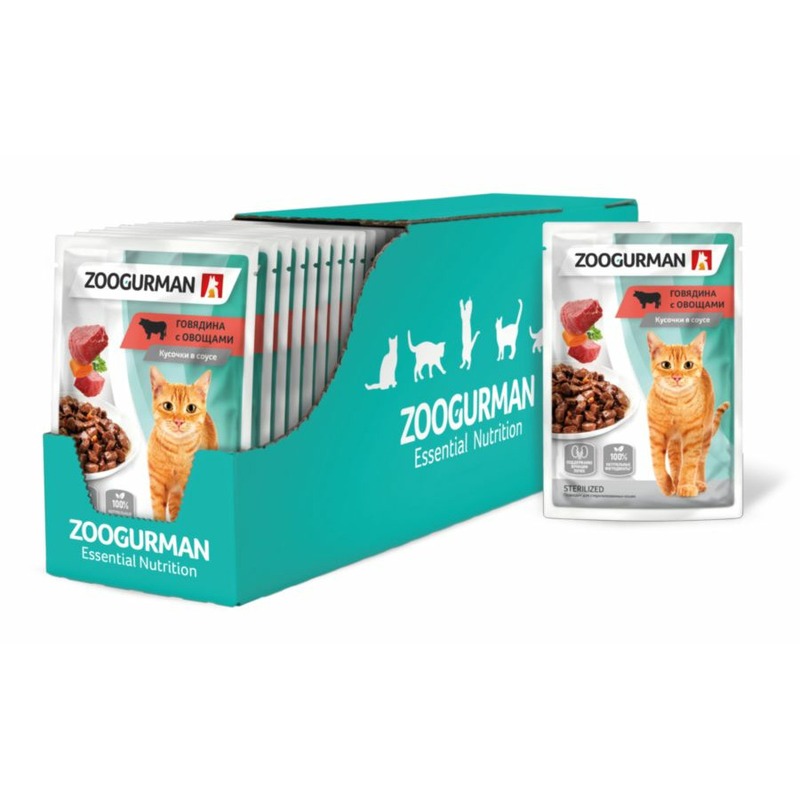 Зоогурман полнорационный влажный корм для кошек, поддержание функции почек, с говядиной и овощами, кусочки в соусе, в паучах - 85 г 39485 1