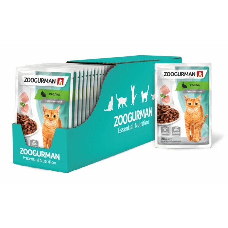 Зоогурман полнорационный влажный корм для кошек для кожи и шерсти, с кроликом, кусочки в соусе, в паучах - 85 г