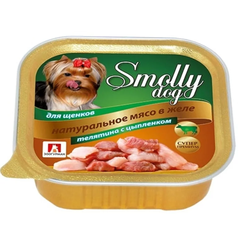 

Зоогурман Smolly Dog влажный корм для собак мелких и средних пород, фарш из телятины с цыпленком, в ламистерах - 100 г повседневный супер премиум низкозерновые для взрослых с цыпленком  паштет и ламистеры Российский корм 1 уп. х 15 ш
