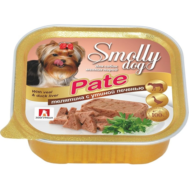 Зоогурман Smolly Dog Pate влажный корм для собак мелких и средних пород, паштет с телятиной и утиной печенью, в ламистерах - 100 г 32309