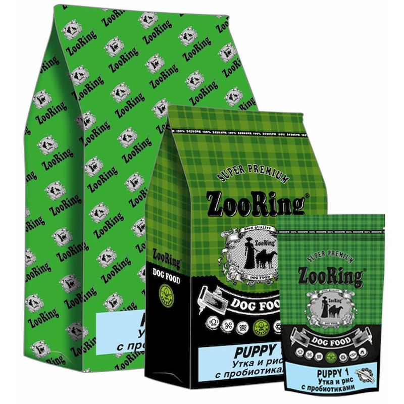 Zooring Puppy 1 28/16 сухой корм для щенков средних и крупных пород с пробитиками, уткой и рисом - 10 кг