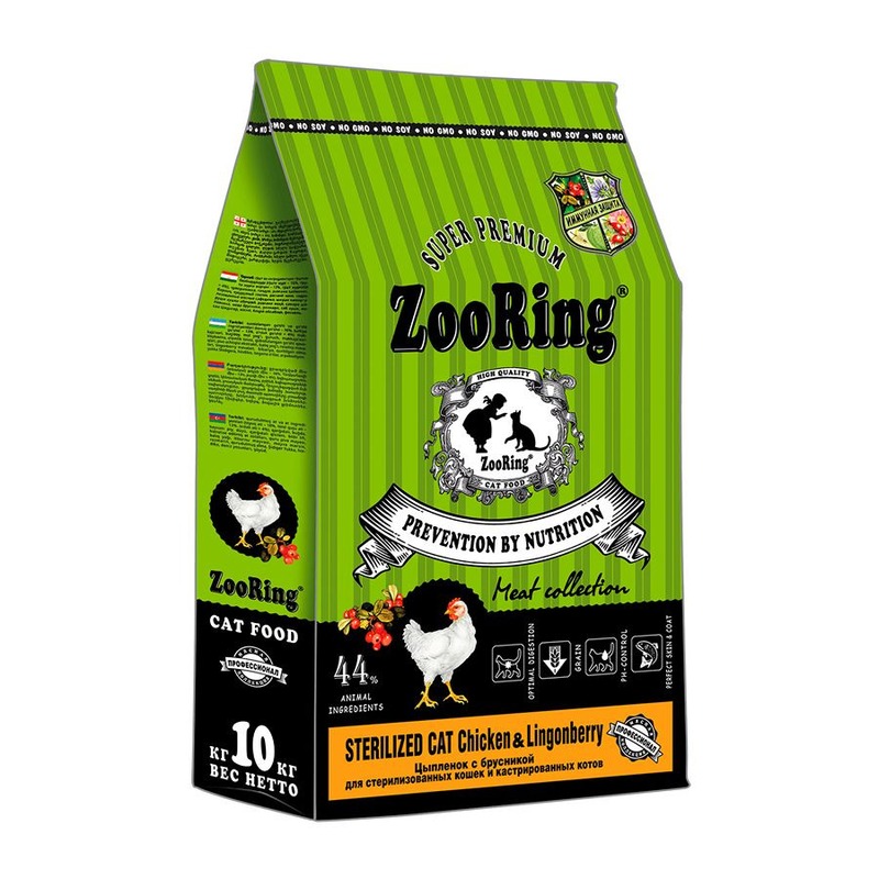 ZooRing Sterilized сухой корм для кошек, с цыпленком и брусникой - 10 кг повседневный супер премиум низкозерновые для взрослых с брусникой мешок Россия 1 уп. х 1 шт. х 10 кг ZR-100250 - фото 1