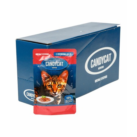 Candycat полнорационный влажный корм для кошек, с лососем, кусочки в желе, в паучах - 85 г Упаковка Превью