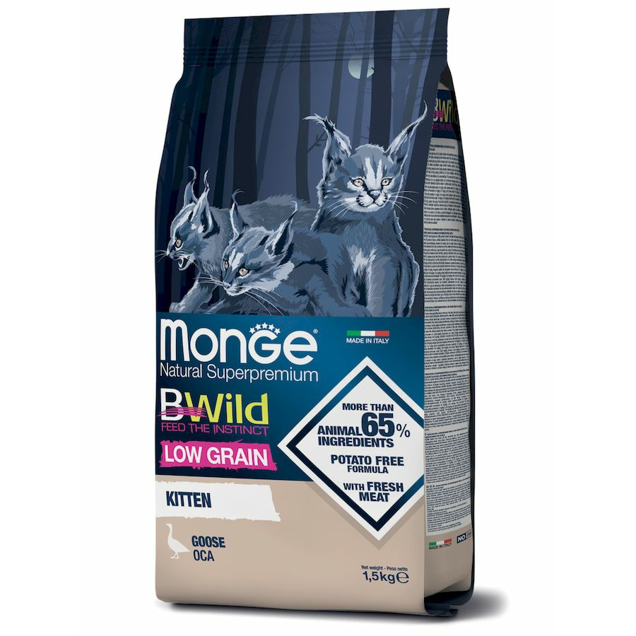 Monge Cat BWild Low Grain Kitten полнорационный сухой корм для котят и  беременных кошек, низкозерновой, с мясом гуся - 1,5 кг | Купить в Москве